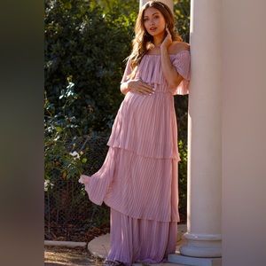 Pink Blush Mauve Pleated Ruffle Tiered Chiffon off shoulder Maternity Maxi Dress